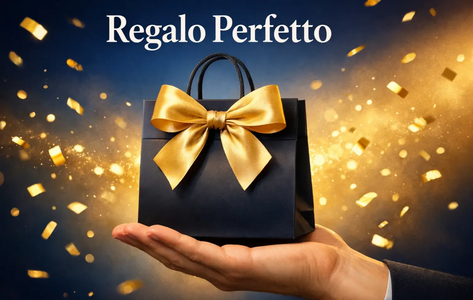 Mano che riceve pacchetto regalo dorato su sfondo celebrativo