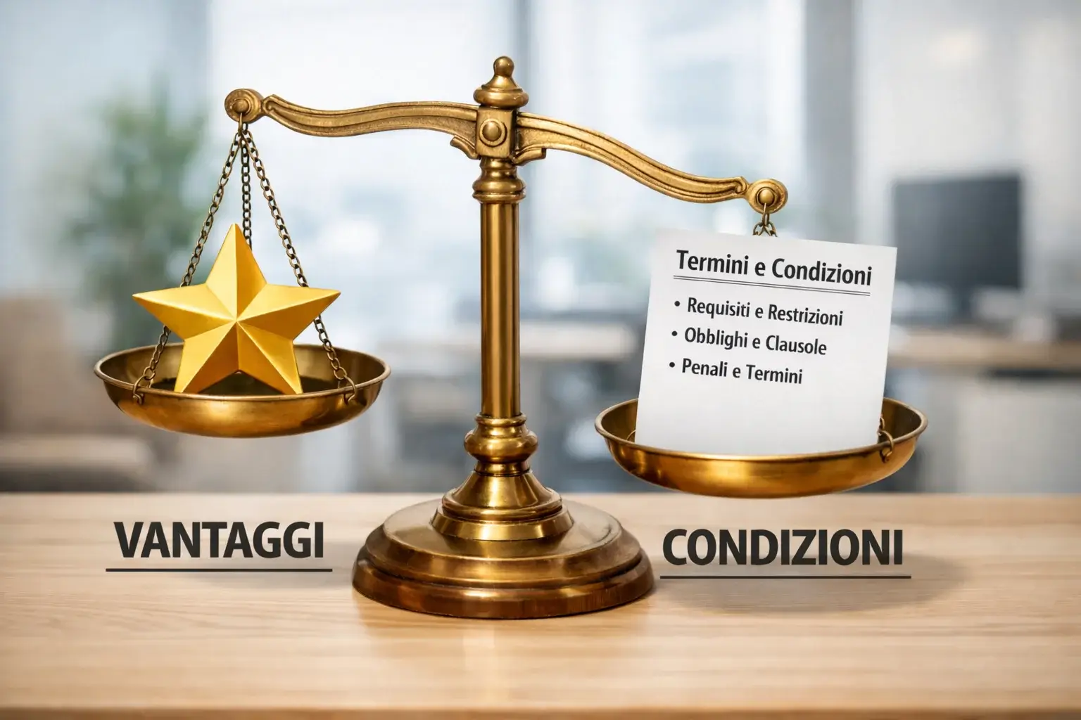 Bilancia che pesa vantaggi e condizioni su scrivania ordinata