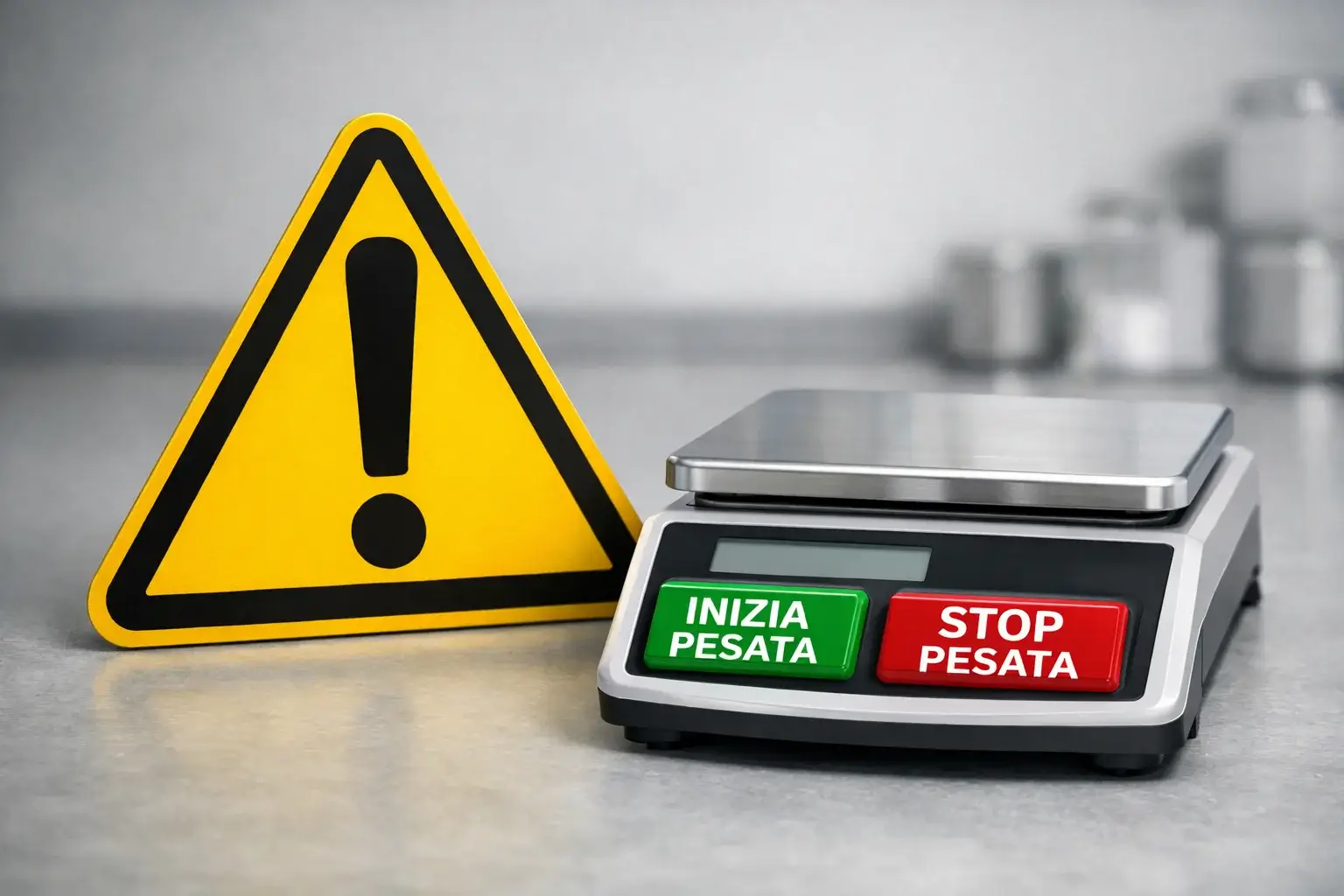 Segnale di attenzione giallo con bilancia in equilibrio