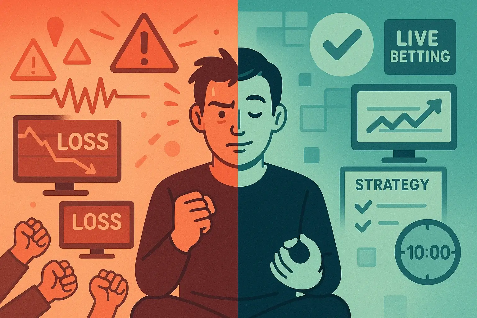 Illustrazione concettuale del controllo emotivo nelle scommesse live mostrando il contrasto tra stress e calma