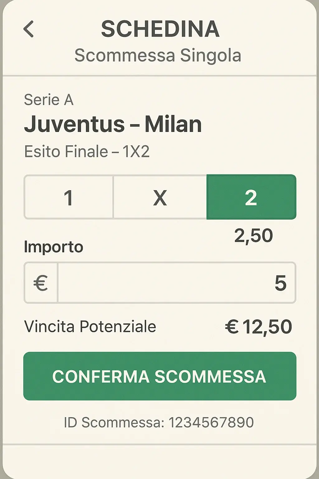 Esempio di schedina per scommessa sul calcio Serie A