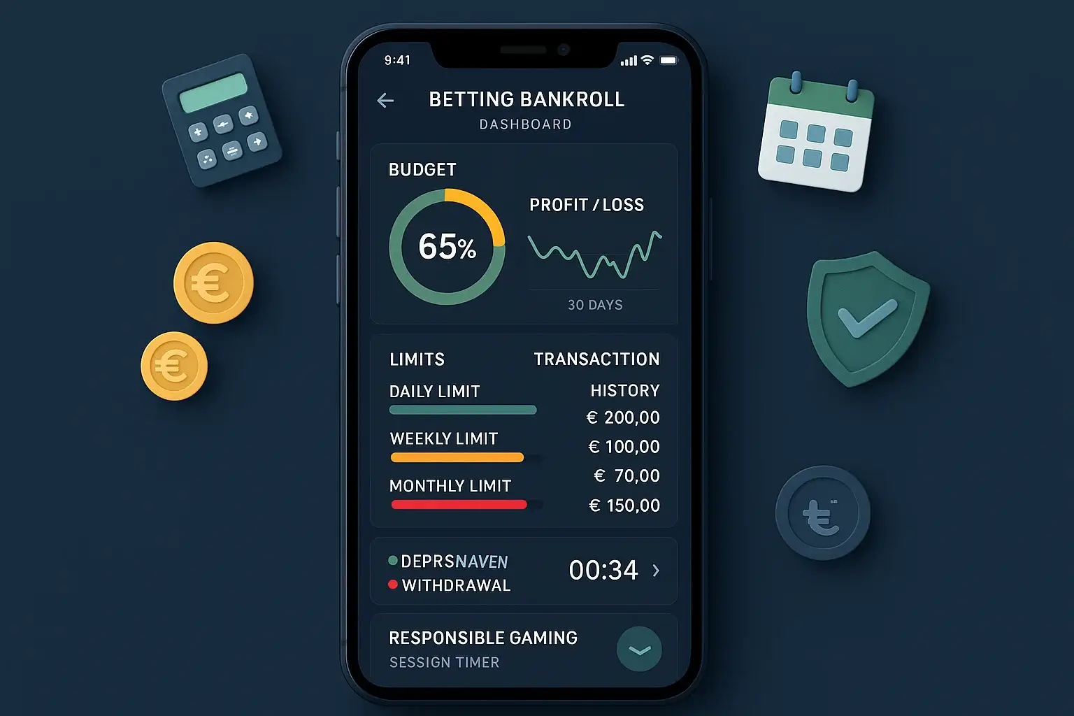 Dashboard per la gestione del bankroll con grafici e limiti di spesa per scommesse responsabili