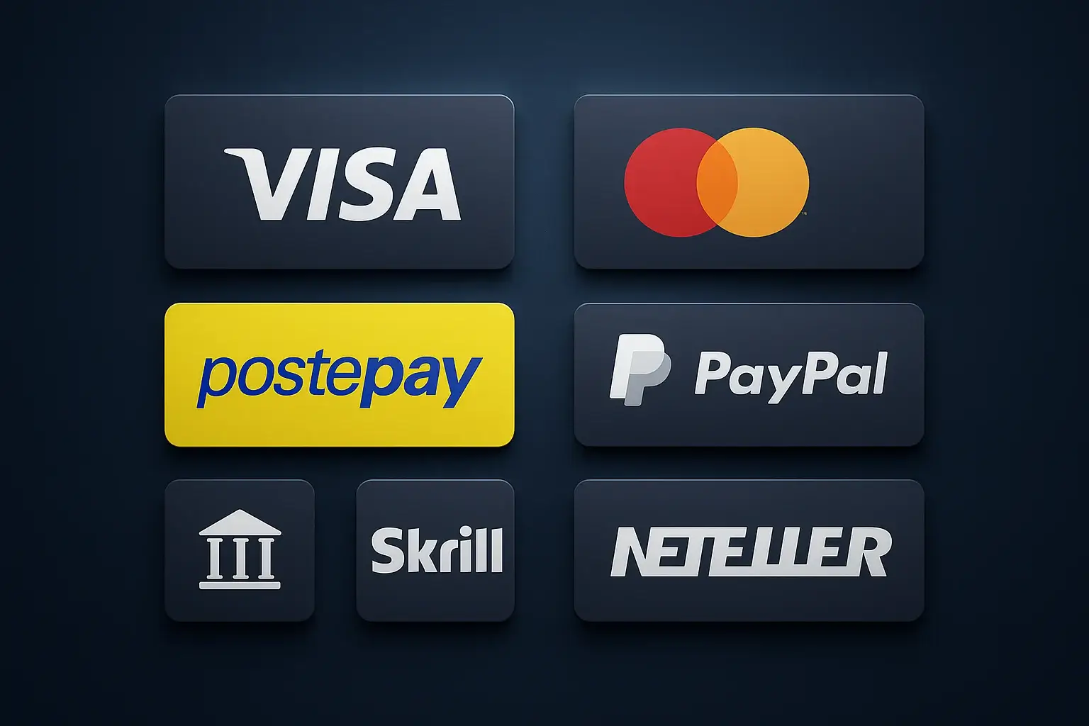Griglia professionale di loghi metodi di pagamento inclusi Visa, Mastercard, PayPal e wallet digitali