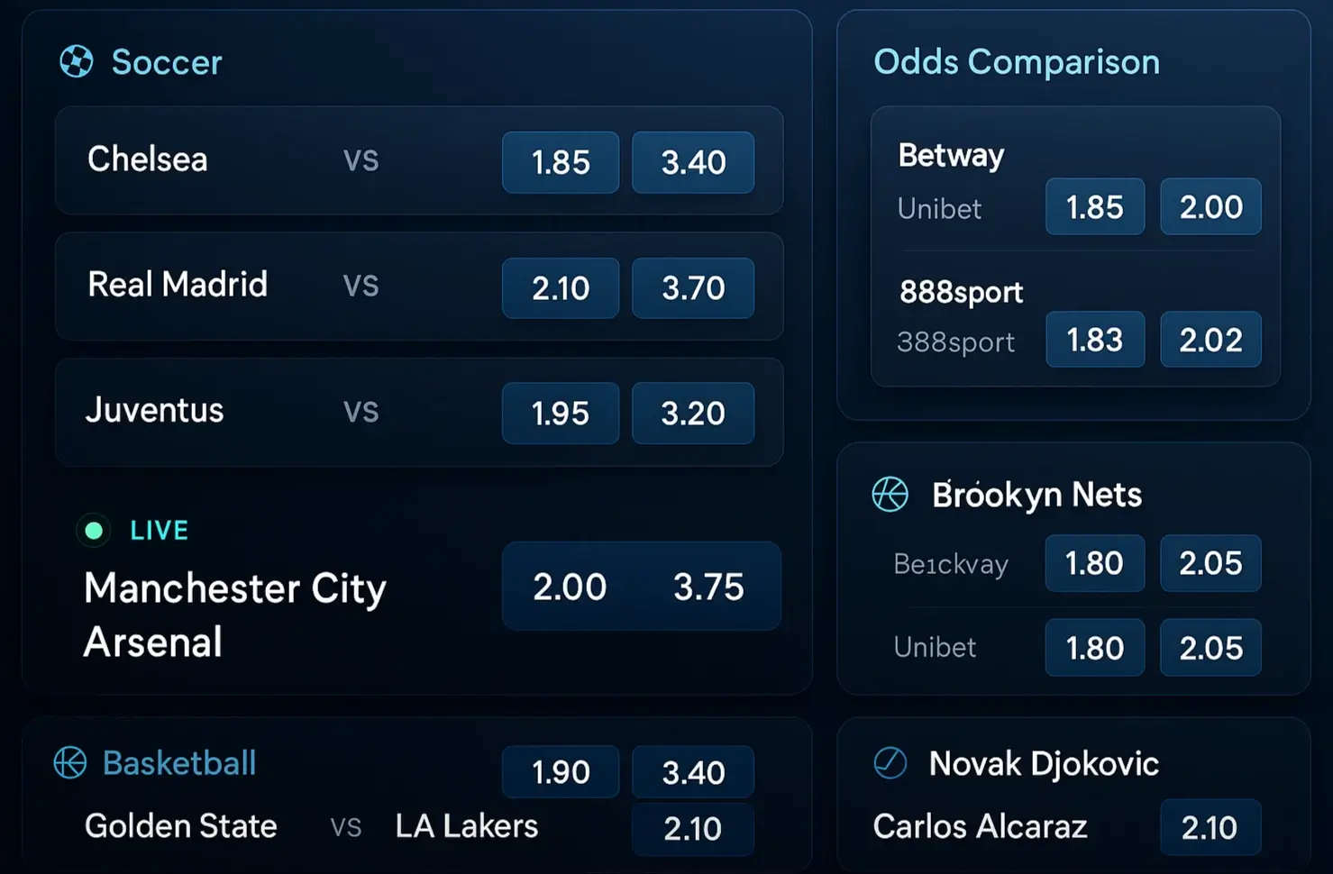 Dashboard moderne delle quote scommesse sportive con odds decimali e confronto bookmaker