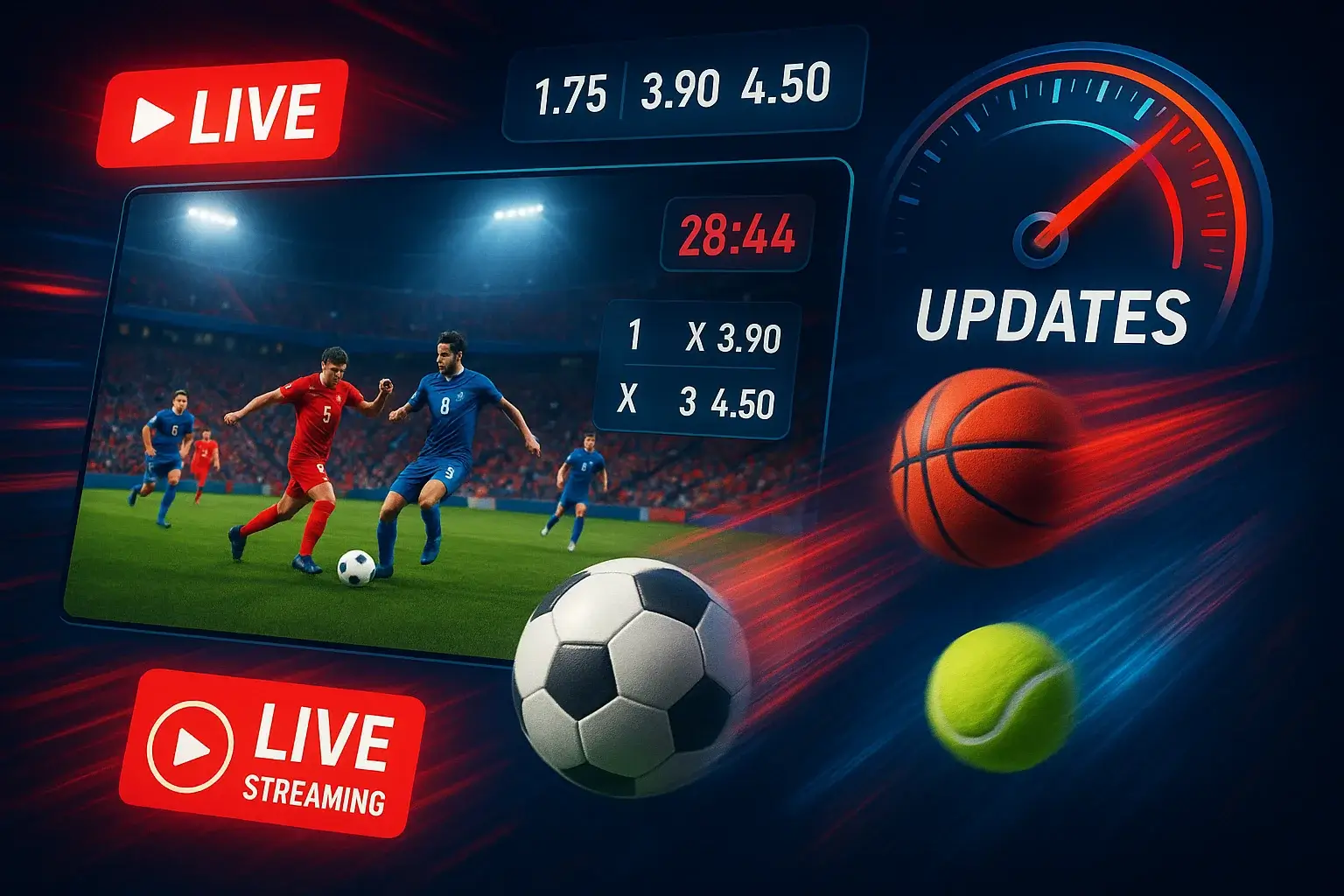 Collage dinamico di sport live con overlay di quote in tempo reale e streaming