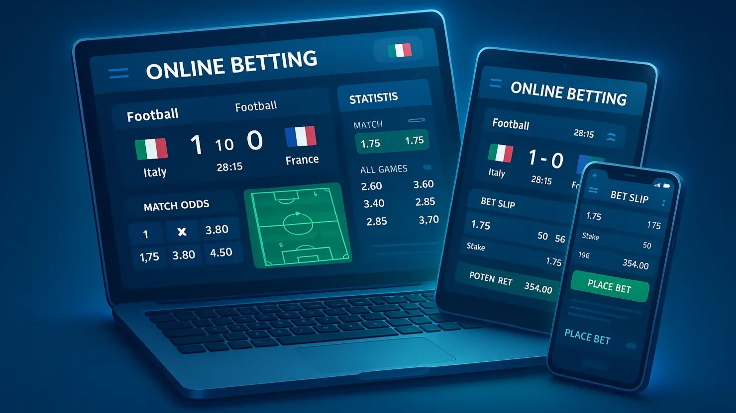 Piattaforma di scommesse sportive online su dispositivi multipli con statistiche e quote in tempo reale