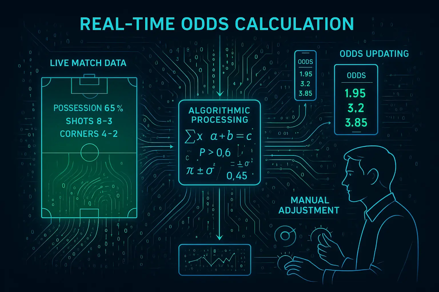 Infografica del sistema di calcolo delle quote in tempo reale con algoritmi e supervisione umana