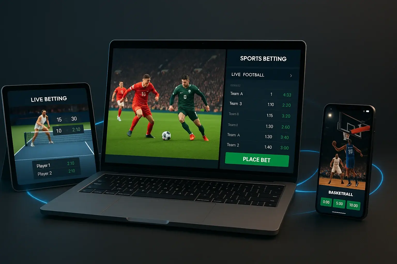Setup multi-device con streaming sportivo integrato e interfaccia di betting su laptop, tablet e smartphone