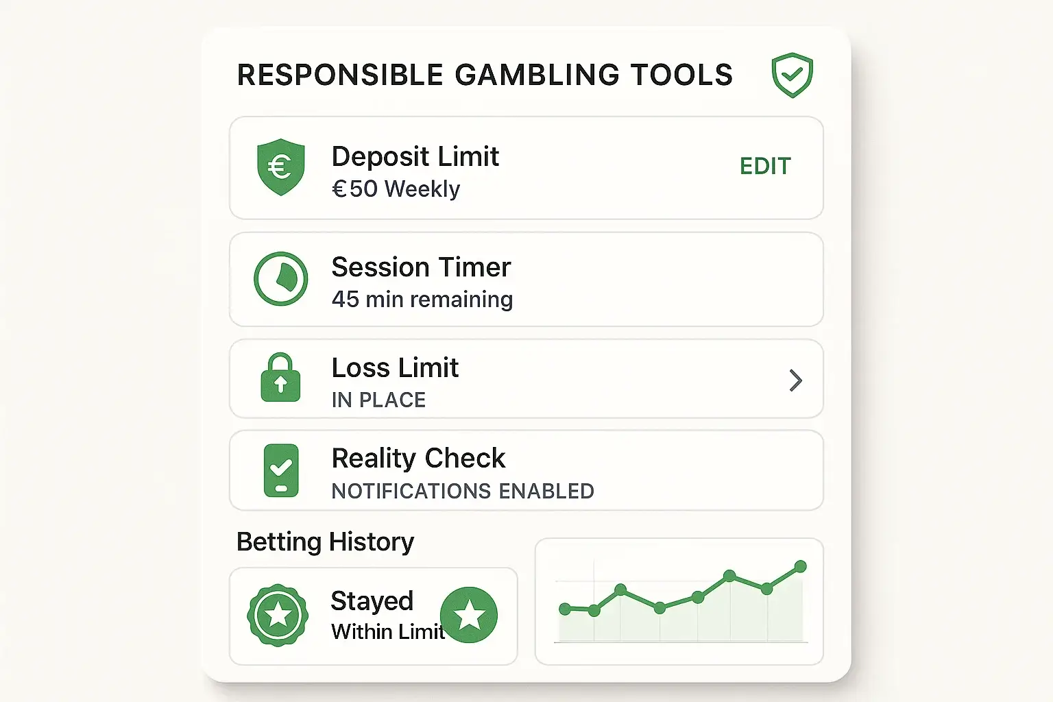 Dashboard professionale con strumenti di gioco responsabile inclusi limiti di deposito e timer di sessione